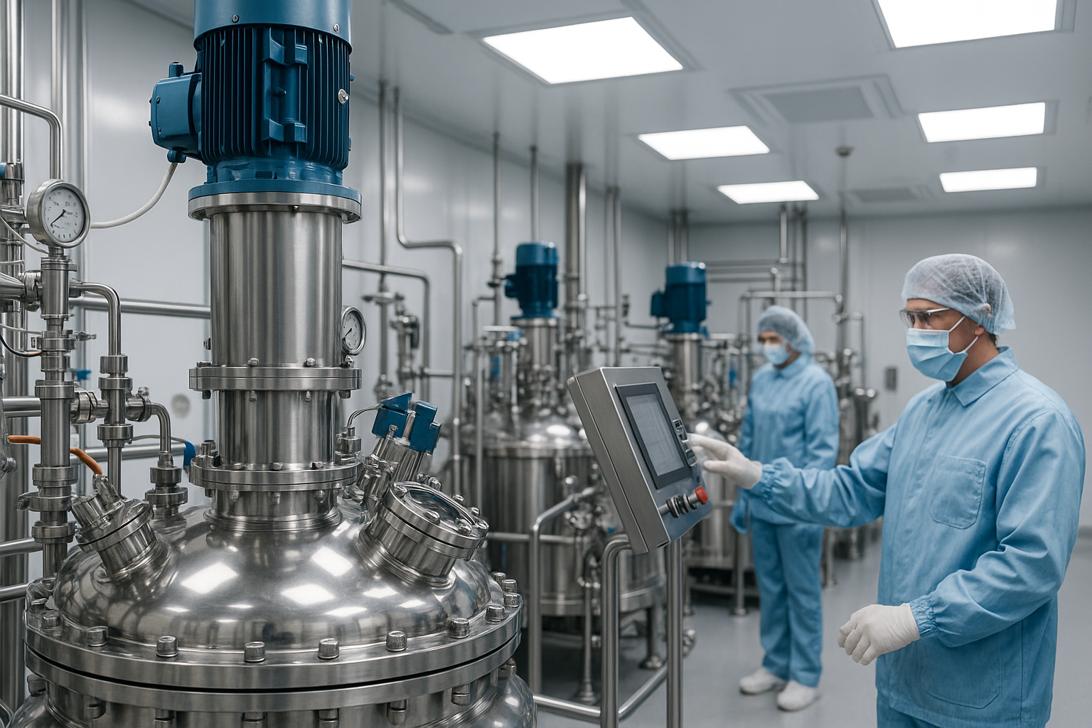 Pharma cleanroom with stainless reactor and operators
