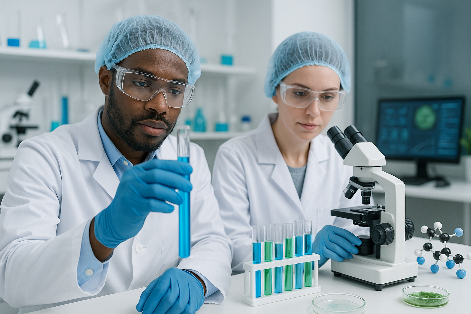 Scientists working with test tubes and microscope in R&D lab